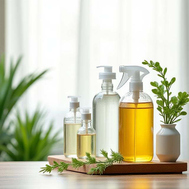 Prodotti di pulizia naturali e piante verdi, simbolo di ecosostenibilità